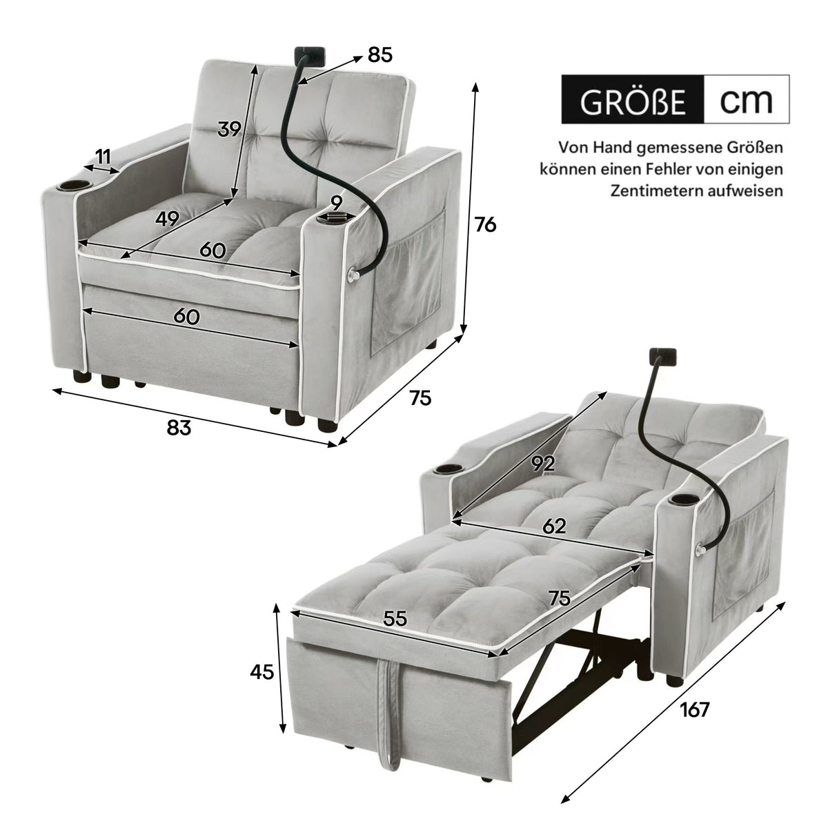 3-in-1 Extendable Single Sleeper Sofa with Cup/Phone Holders, Perfect for Small Spaces