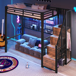 Loft Bed 90x200cm with Wardrobe & LED Lights, Black Iron Frame
