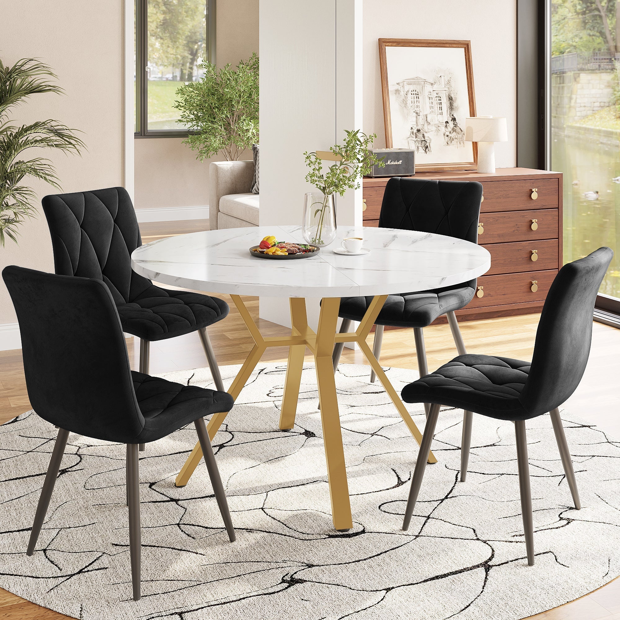 Dining Set 5-Piece Round Marble Table & 4 Velvet Chairs Gold Legs - Black