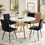 Dining Set 5-Piece Round Marble Table & 4 Velvet Chairs Gold Legs - Black