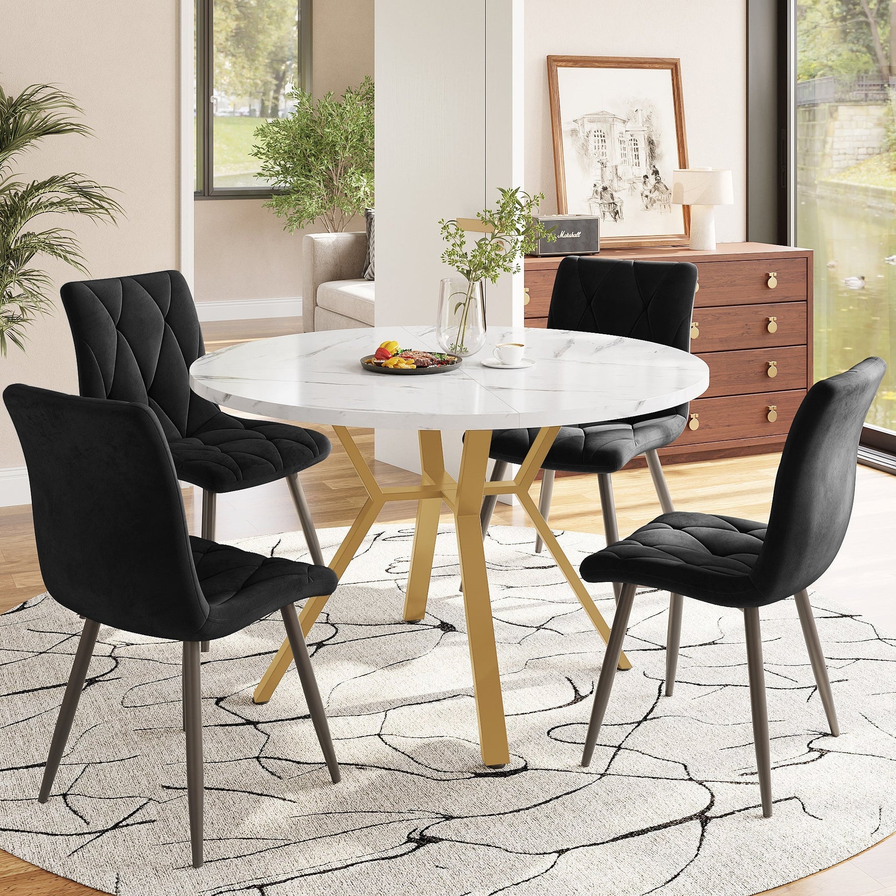 Dining Set 5-Piece Round Marble Table & 4 Velvet Chairs Gold Legs - Black