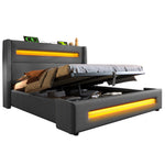 Upholstered Double Bed, 160x200cm, LED & Hydraulic Storage, Gray Linen