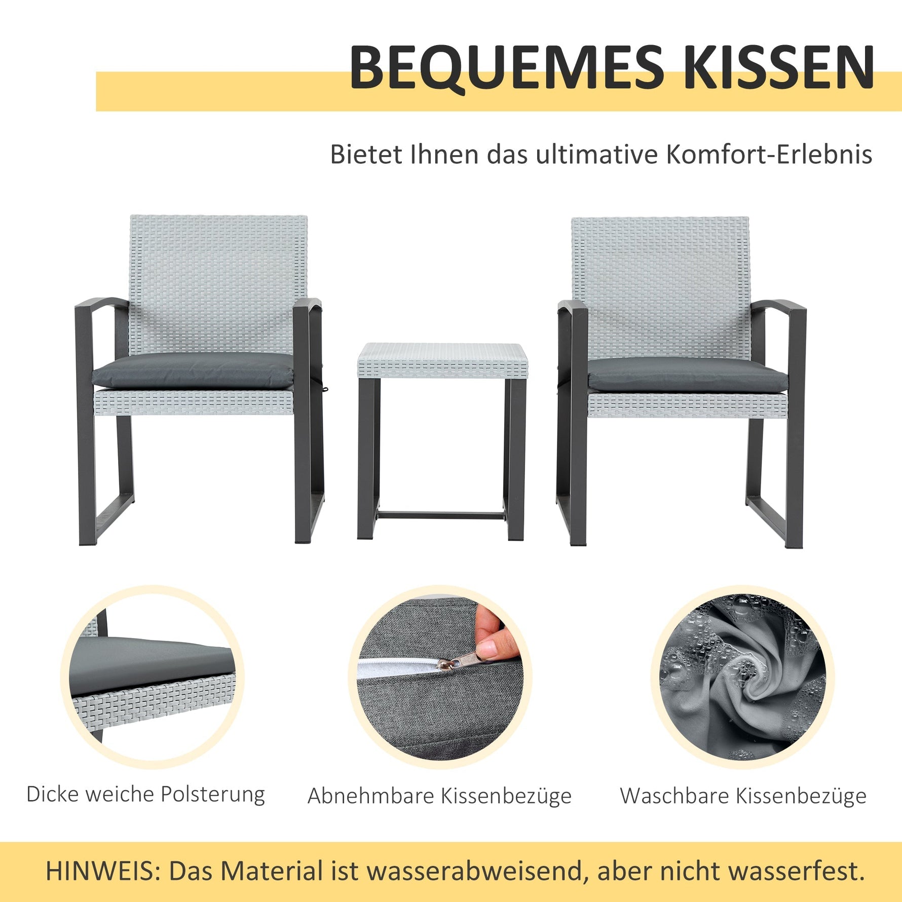 Rattan Seating Set, 3-Piece with Dining Table, Steel & Polyester, Black/Grey