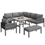 Garden Furniture Set Rope Corner Sofa Adjustable Legs Tempered Glass - Grey