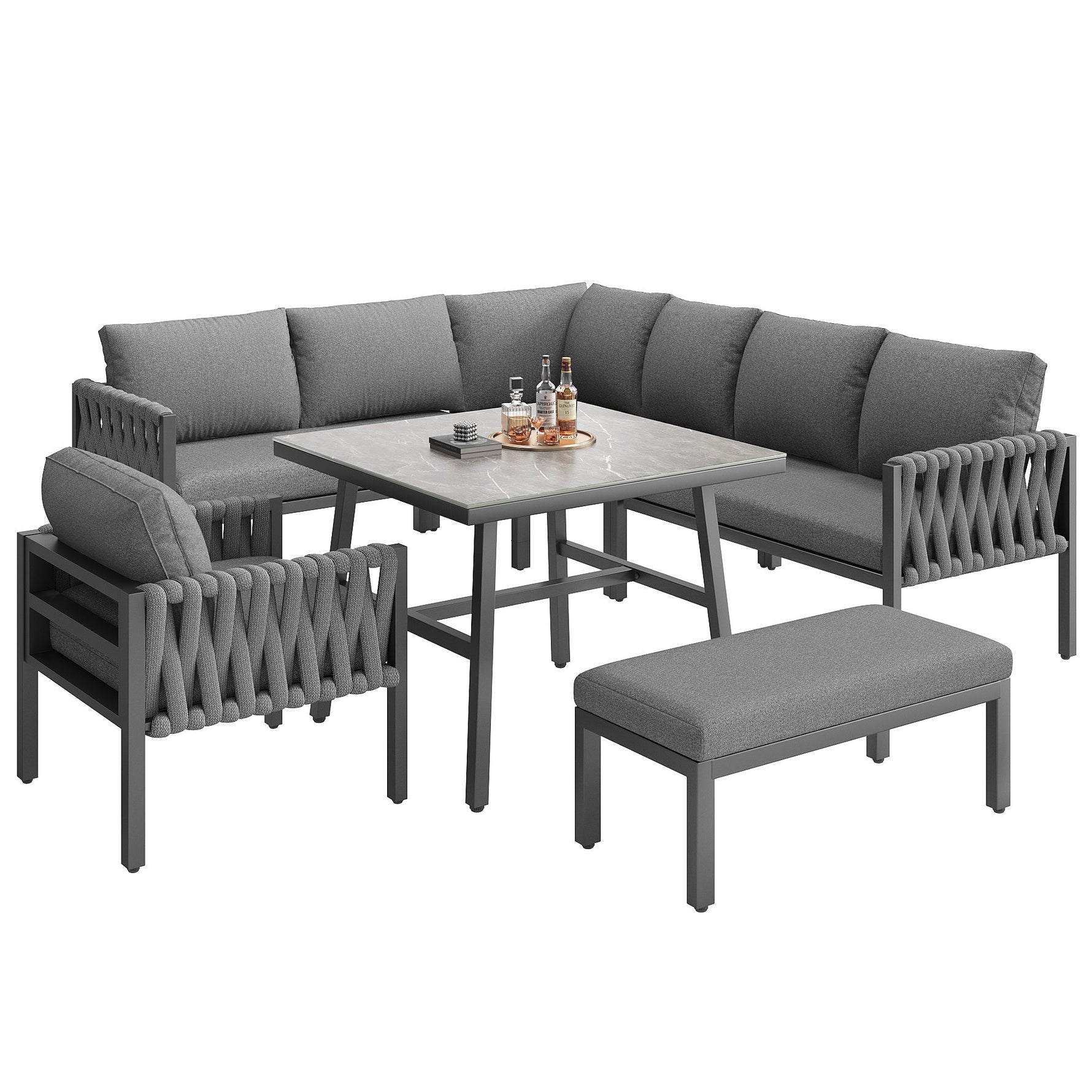 Garden Furniture Set Rope Corner Sofa Adjustable Legs Tempered Glass - Grey