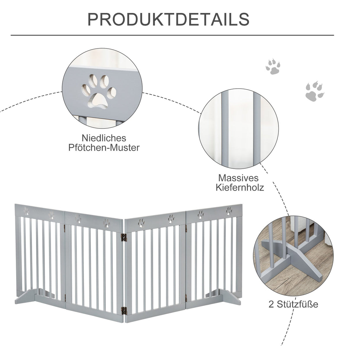 Dog Gate, 4-Part Foldable Freestanding, Wooden Light Grey
