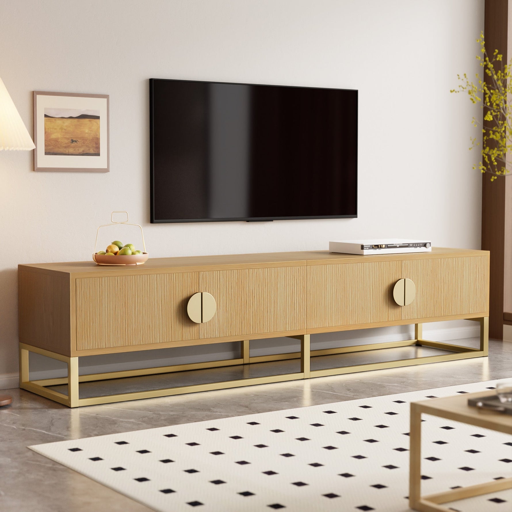 TV Cabinet 180cm 4 Doors Semi-circular Handles Wood Grain Finish