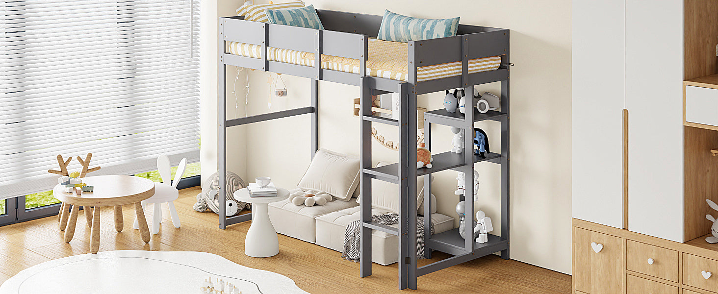Loft Bed with Storage and Slatted Base, 90x200cm, Grey Pine Wood