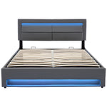 Upholstered Bed with USB Charging, LED Lighting and Storage, 140x190cm, Grey PU Leather