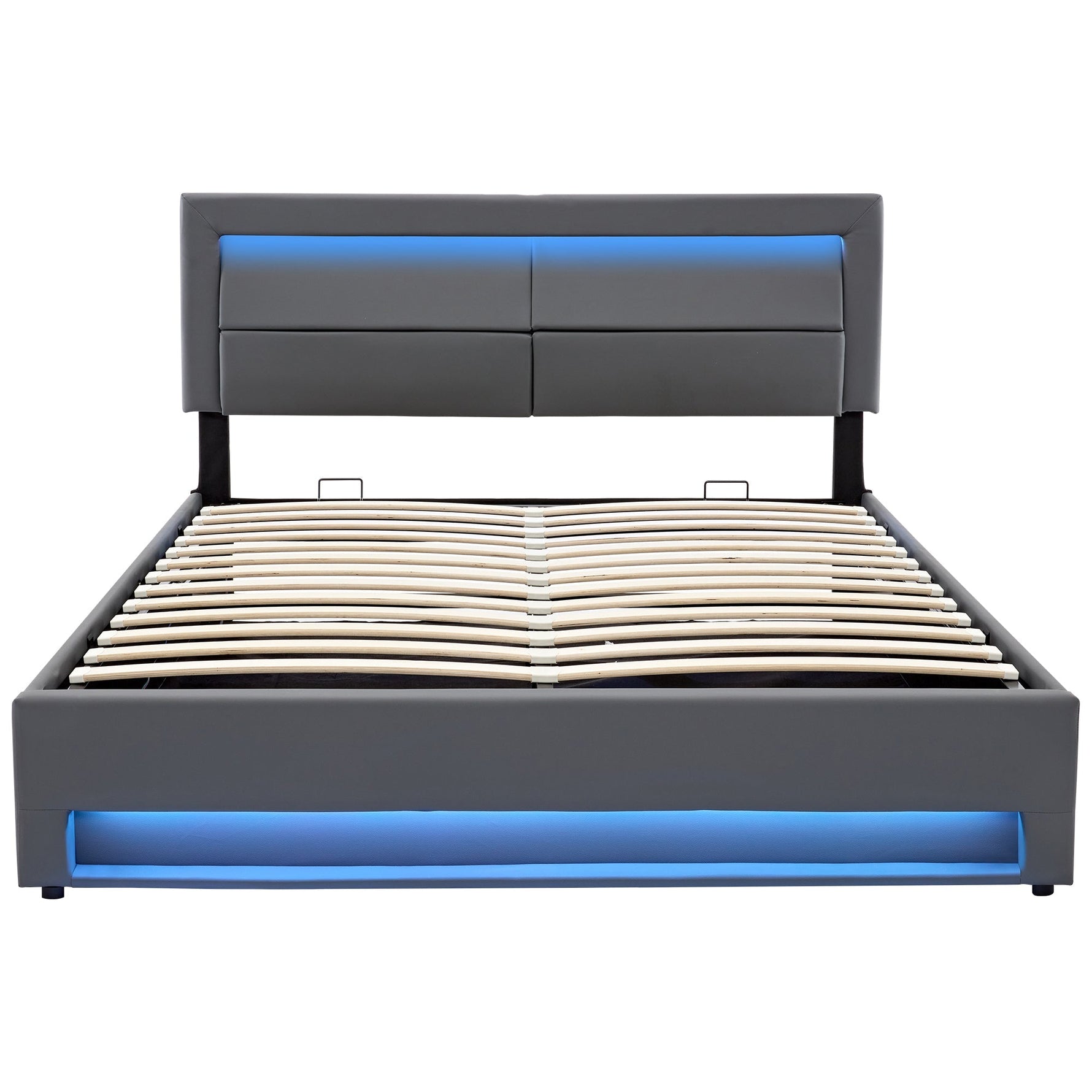 Upholstered Bed with USB Charging, LED Lighting and Storage, 140x190cm, Grey PU Leather