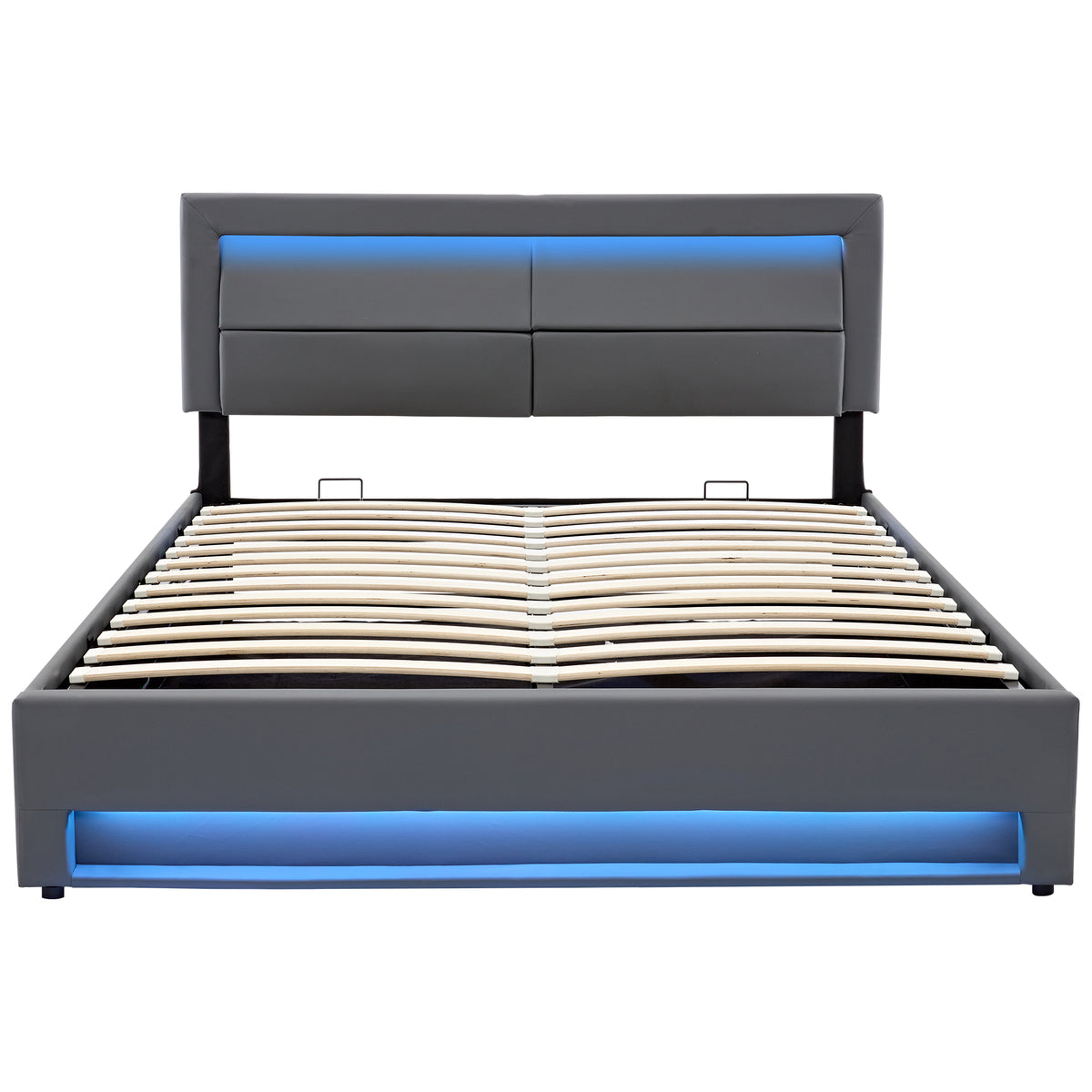 Upholstered Bed 160x200cm with LED & Storage, Grey PU