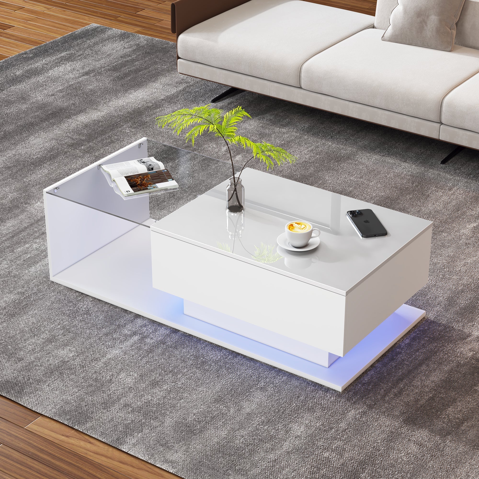Coffee Table with Glass Top & Drawers, LED Lighting, High-Gloss White