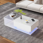 Coffee Table with Glass Top & Drawers, LED Lighting, High-Gloss White
