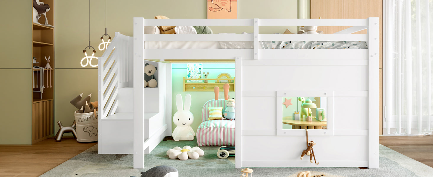 Loft Bed 140x200 with Storage Stairs and Window, White