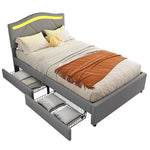 Upholstered Bed with LED Lights, 2 Drawers and Adjustable Headboard, Grey Linen