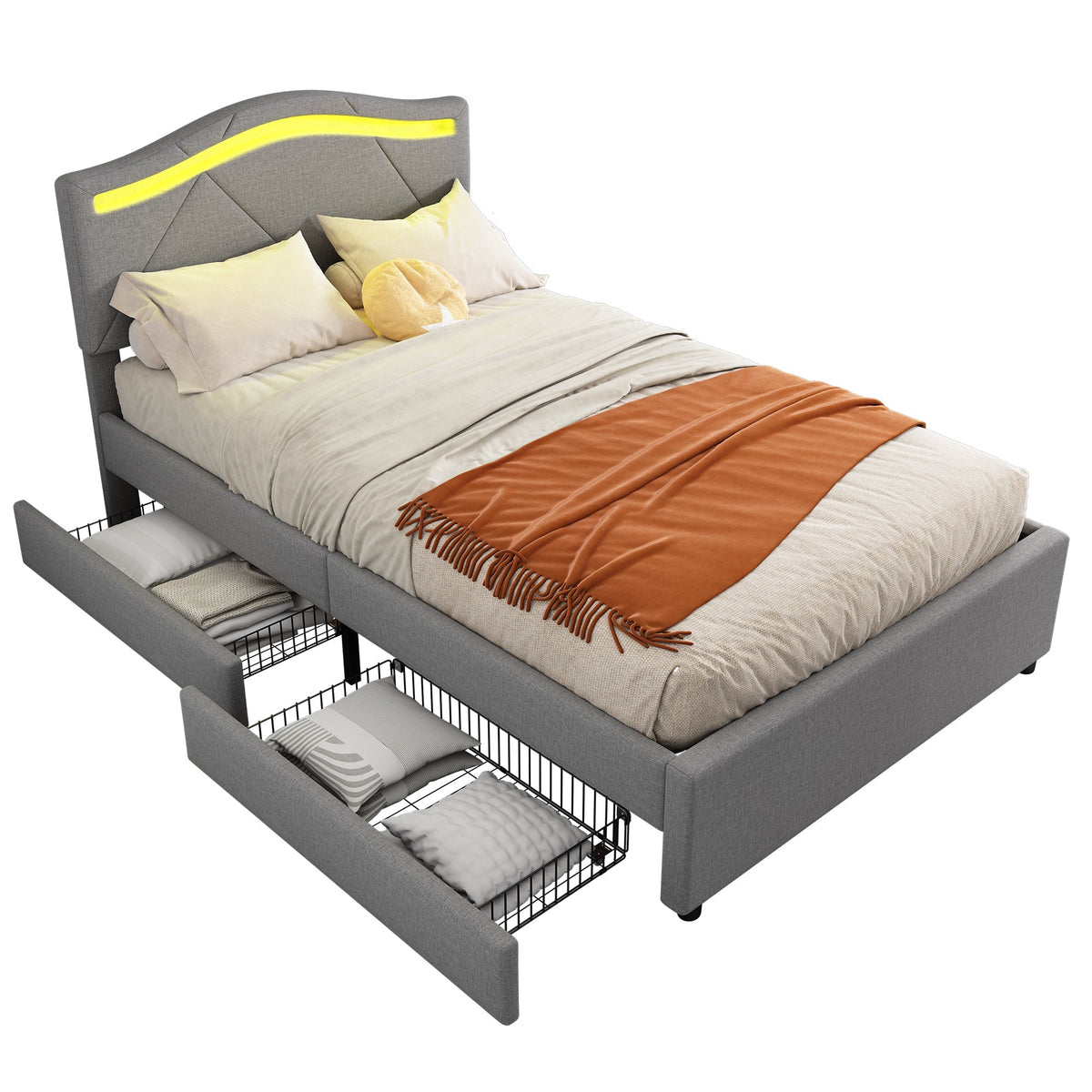Upholstered Bed with LED Lights, 2 Drawers and Adjustable Headboard, Grey Linen