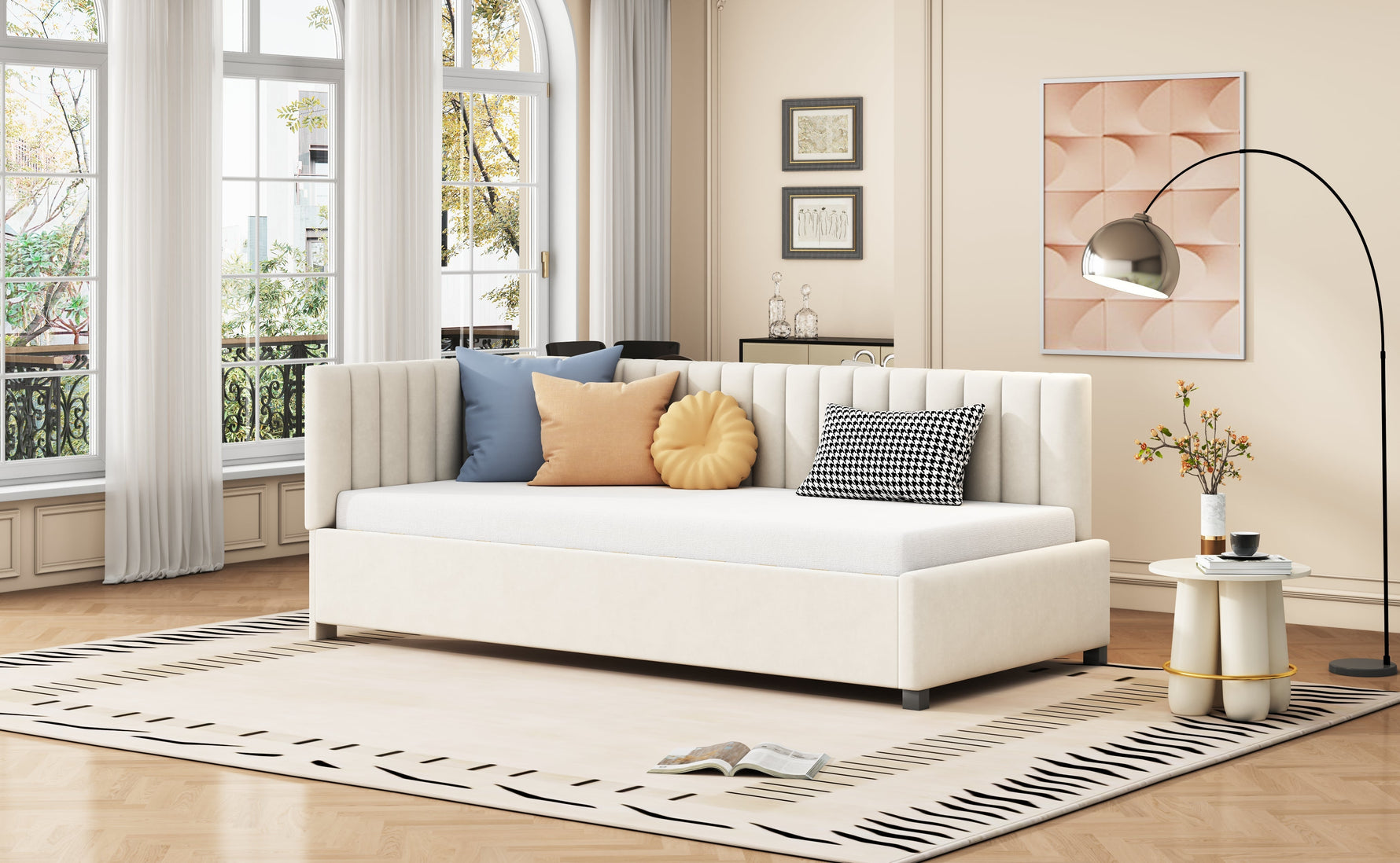 Upholstered Bed Sofa Bed, 90x200 Multifunctional with Slatted Frame, Beige Velvet Fabric