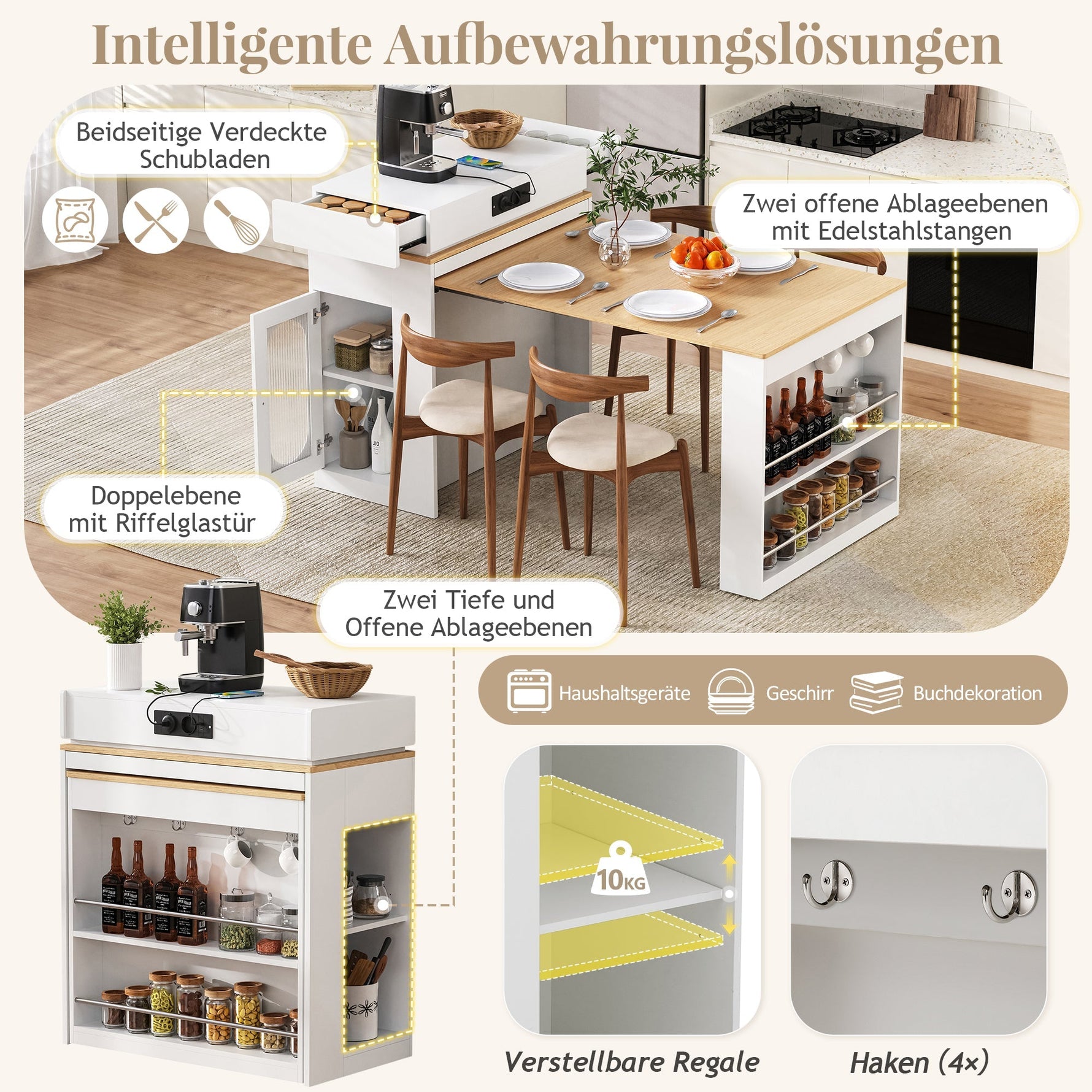 Kitchen Island with Wheels, Extendable Folding Tabletop, Power Strips & Hooks - White
