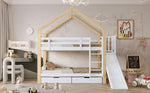 House Bunk Bed with Slide & 2 Drawers, 90x200cm, Solid Wood White