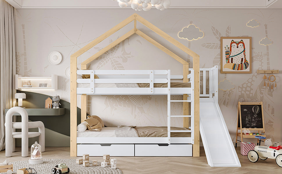 House Bunk Bed with Slide & 2 Drawers, 90x200cm, Solid Wood White