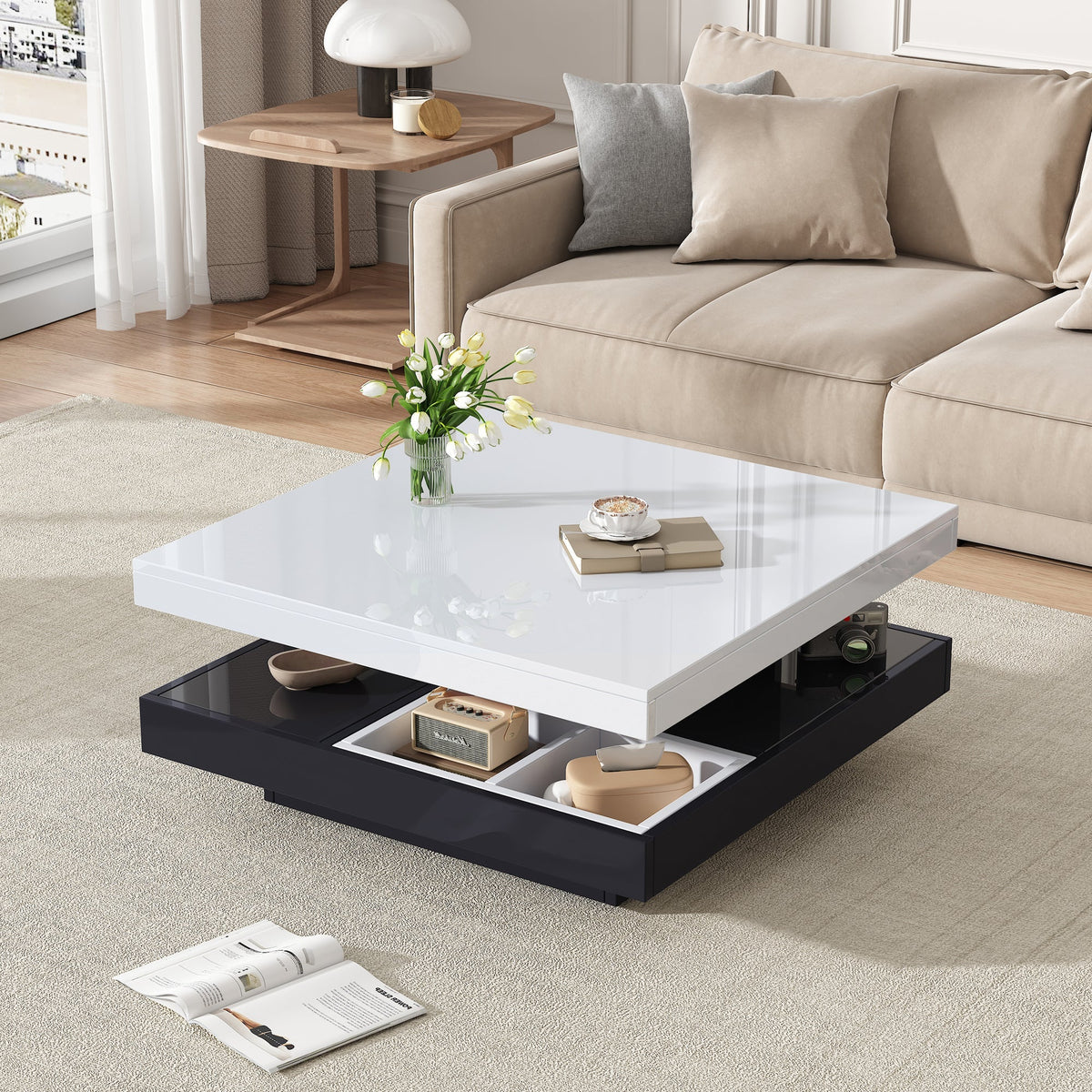 High-gloss tabletop coffee table, 360° rotatable, 2-tier with storage, white and black