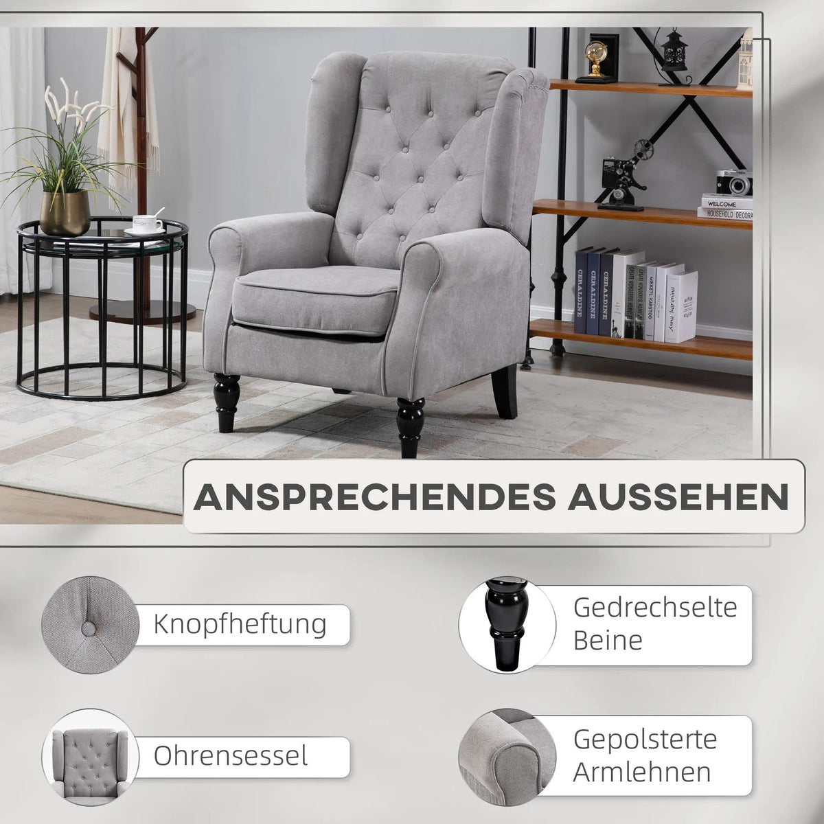 Single armchair, wing chair accent chair with tufting wooden feet, polyester grey