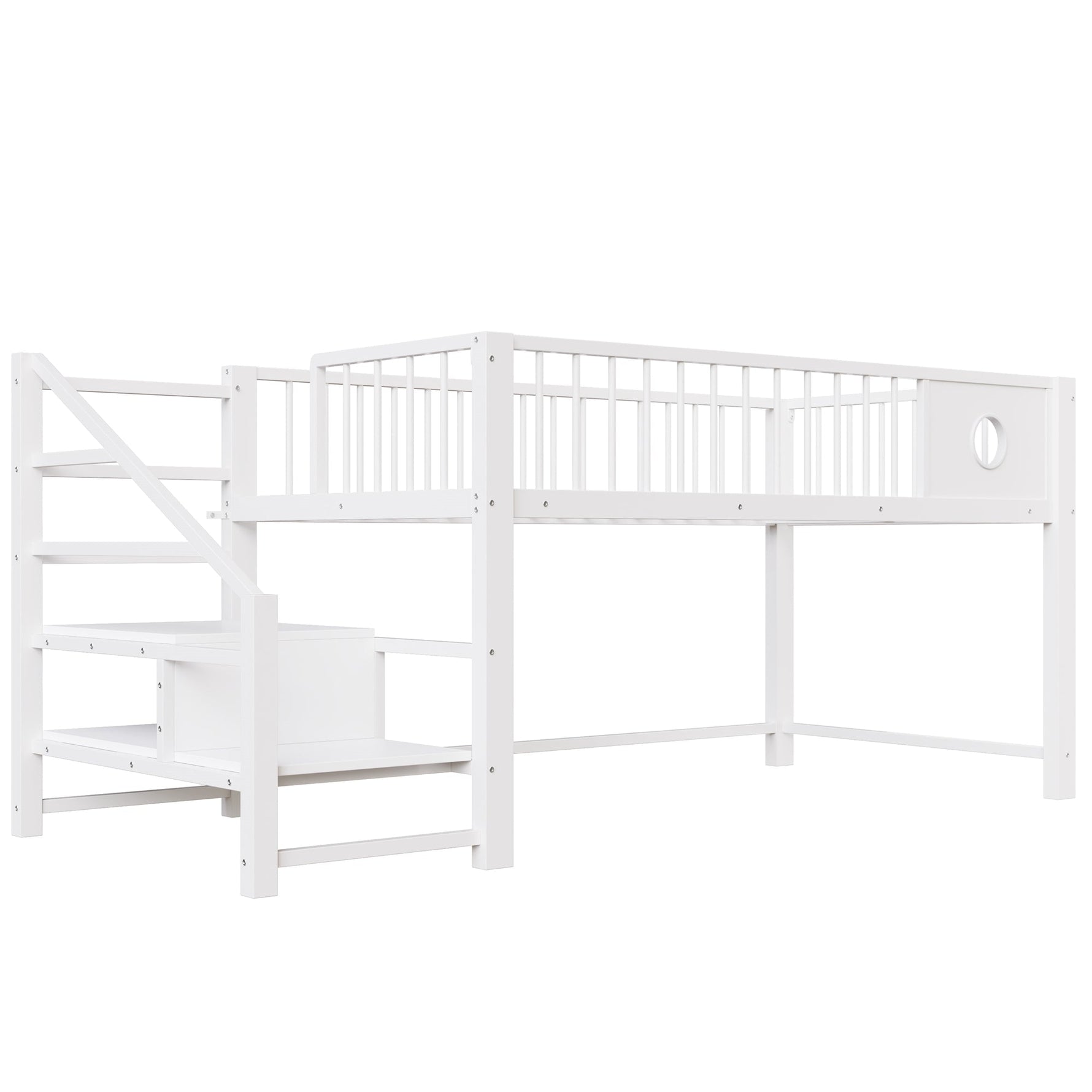 Low Loft Bed for Children with Storage Ladder and Metal Frame, 90x200cm, White