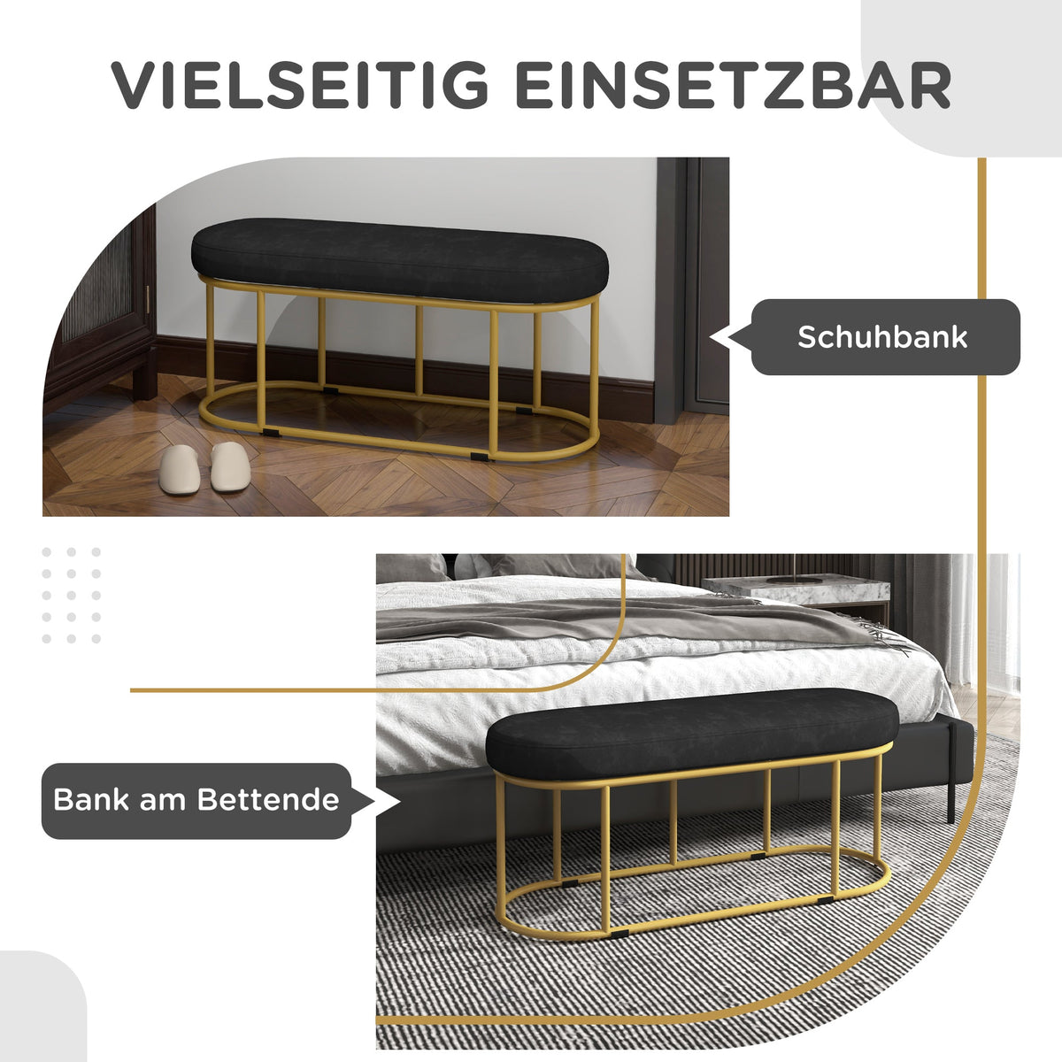 Upholstered Bench, Velvet Look, 200kg, Steel, Black