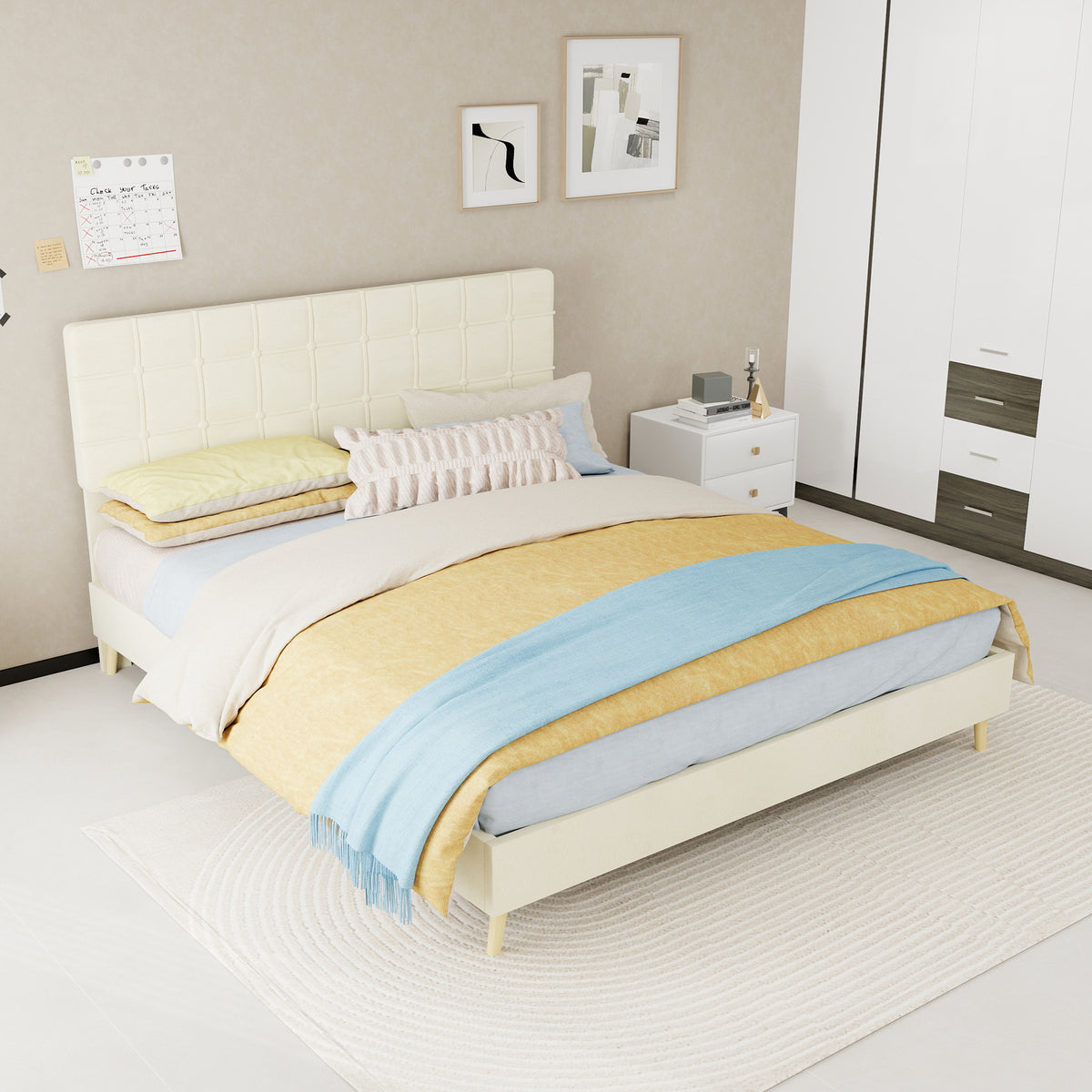 Modern Double Bed with Plaid Headboard, 160x200cm, Beige Fabric