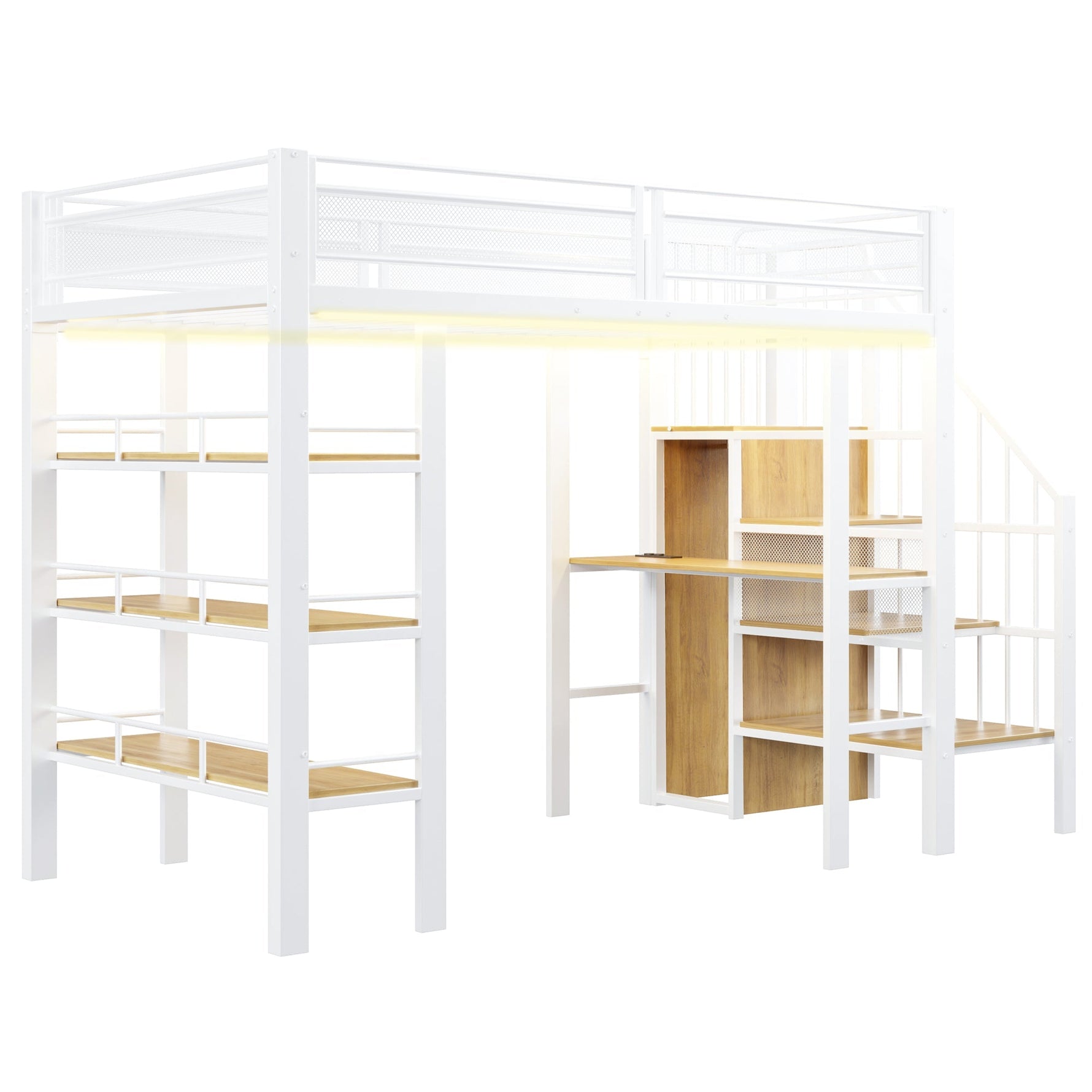 Loft Bed with LED Light Strip, Desk and Storage Shelves, White Metal