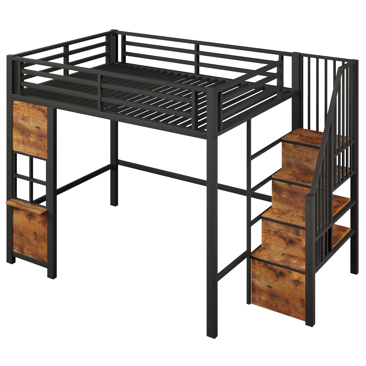 Loft Bed 140x200 cm with Storage Ladder, Black Iron Frame