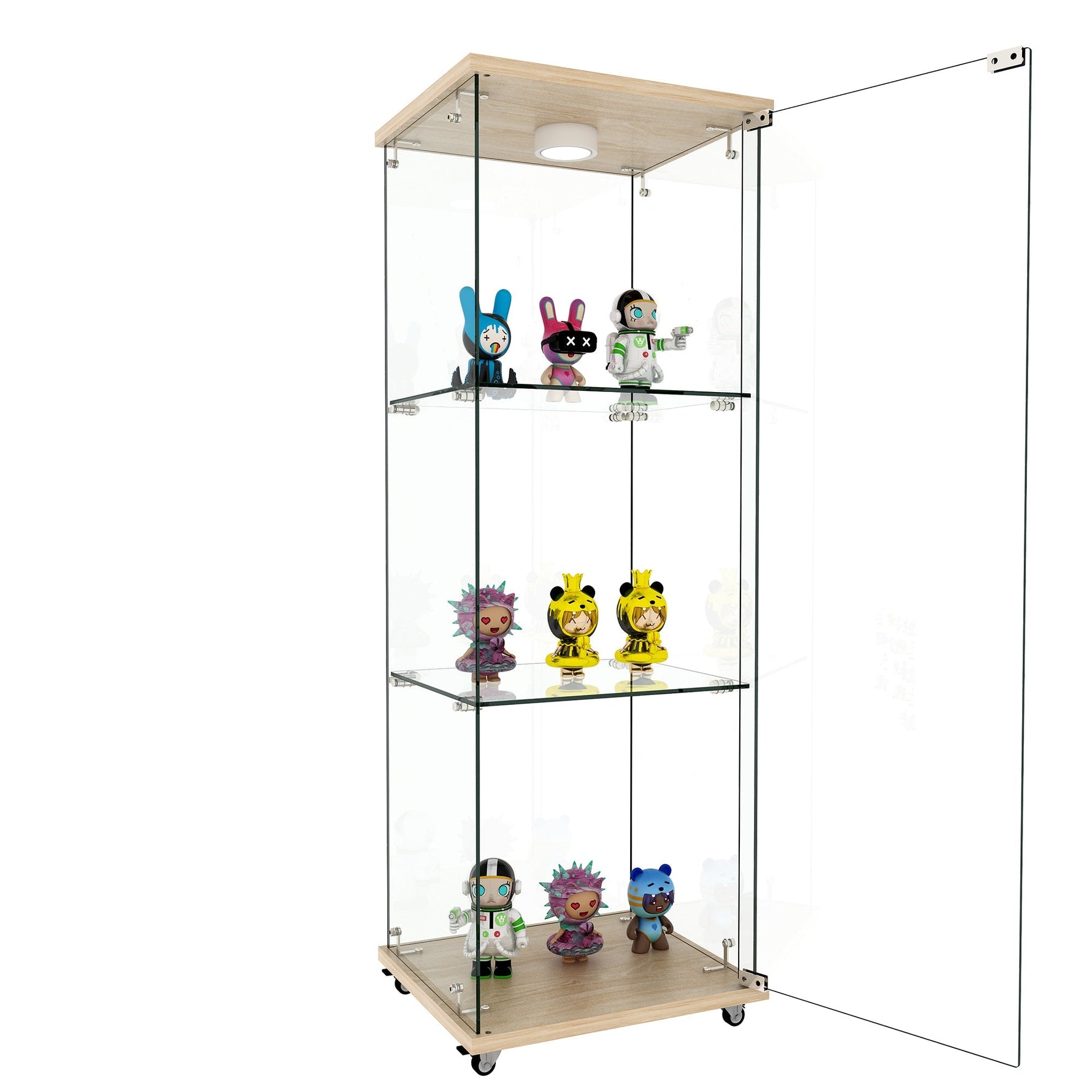 Display Cabinet Modern LED Tempered Glass Single Door 3-Tier - Natural Wood Look
