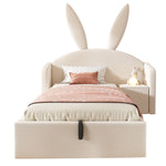 Bunny Ear Kids Bed 90x190cm, Hydraulic Storage, Beige Velvet