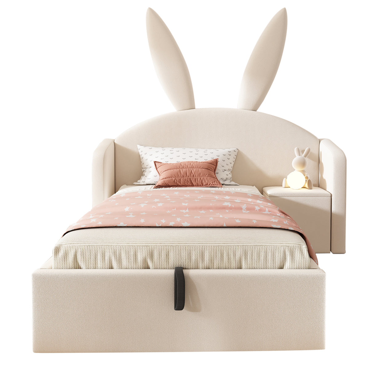 Youth Bed 90x200cm with Storage & Bedside Table, Beige Velvet
