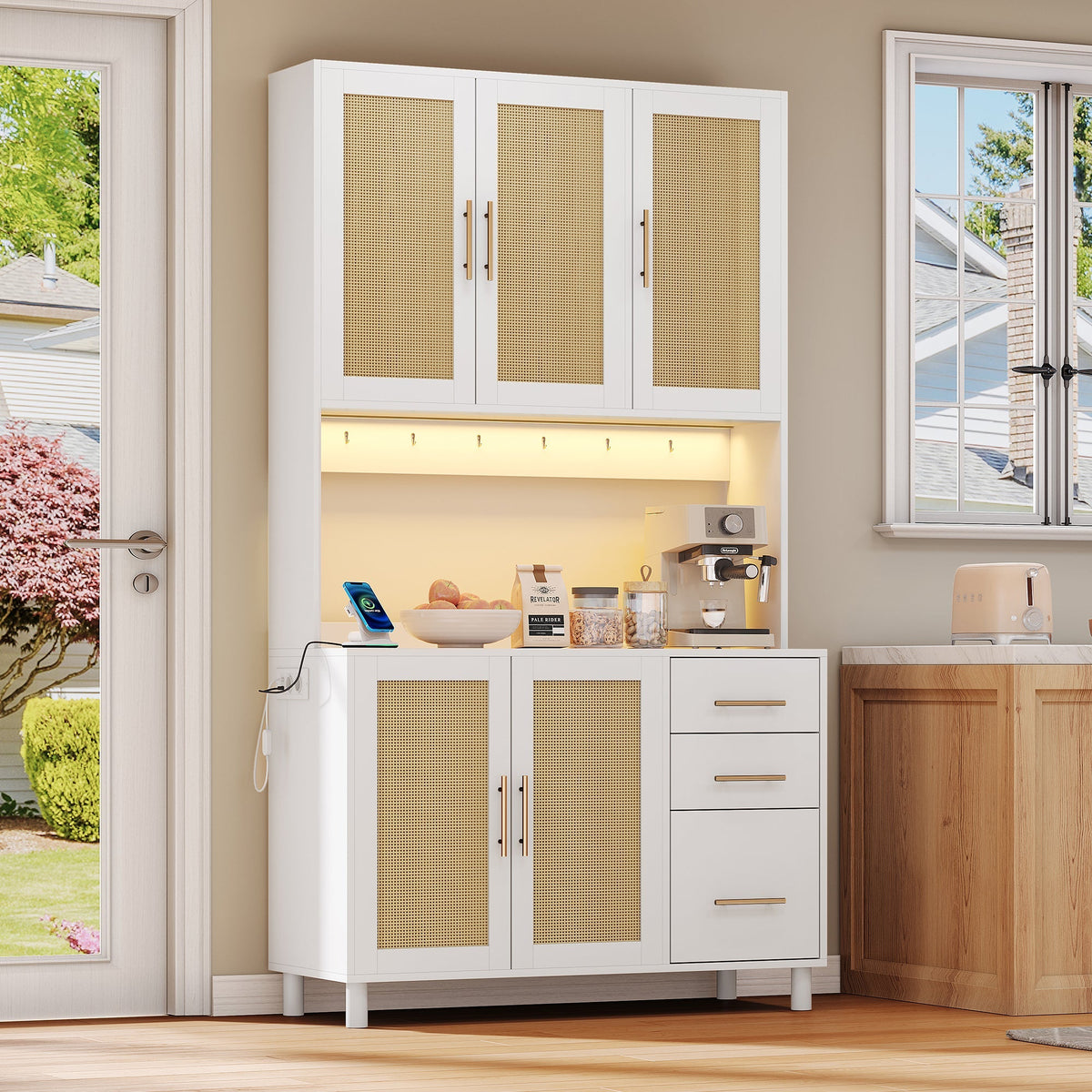Kitchen Sideboard Buffet 183cm Tall LED USB Sockets 3 Drawers Gold Handles