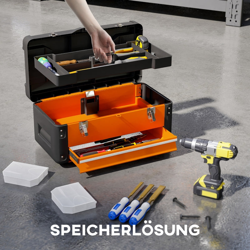 Tool Box with Drawer, Storage Compartment, Steel, Orange