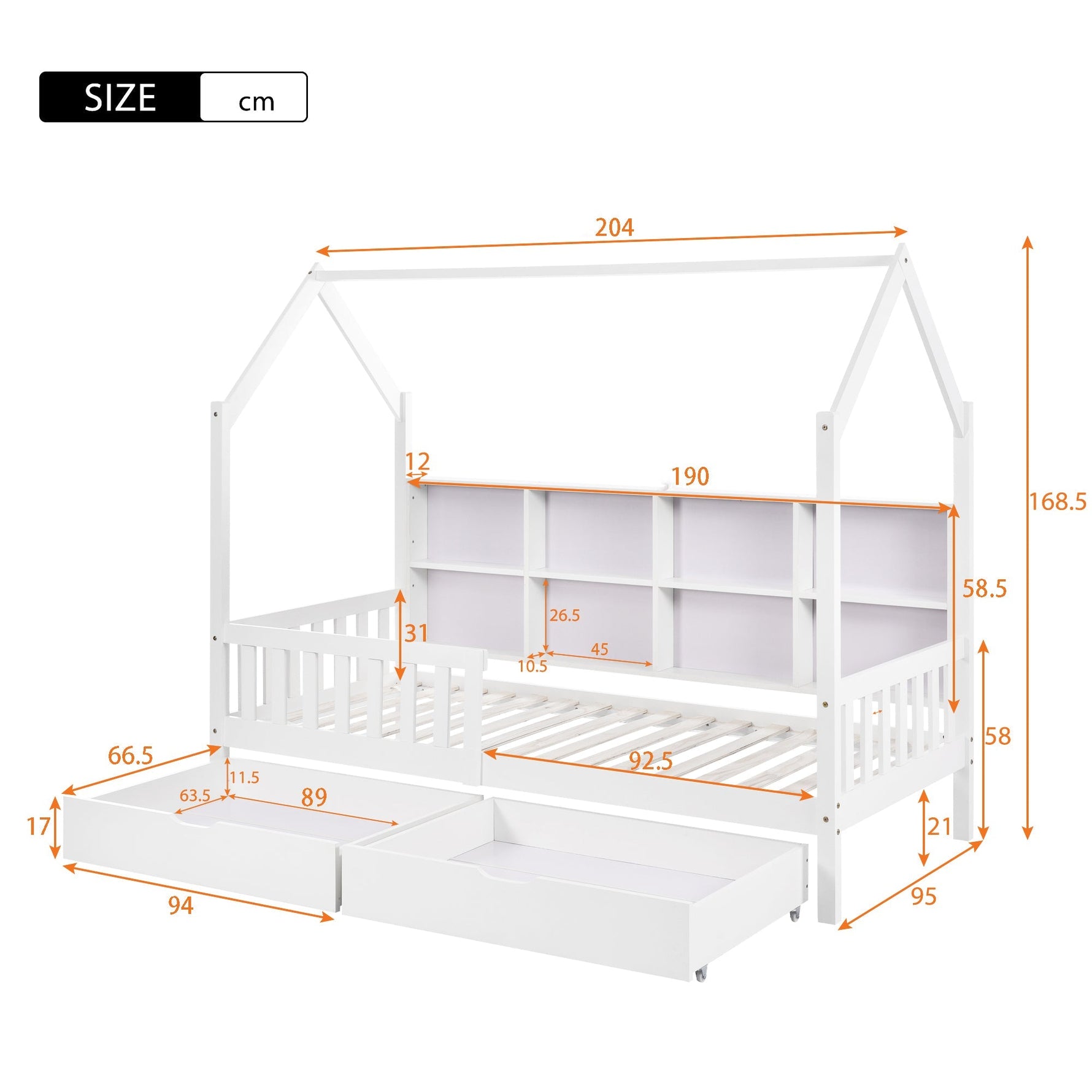House Bed 90x200cm Multifunctional Storage Bookshelf 2 Drawers Fireplace Shape - White