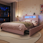 Children's Upholstered Bed 140x200cm with 4 Drawers & LED, Pink