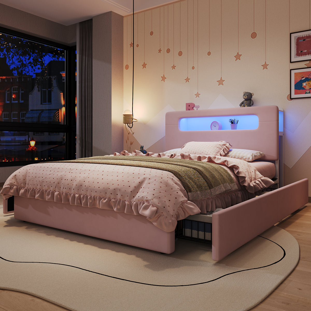Children's Upholstered Bed 140x200cm with 4 Drawers & LED, Pink