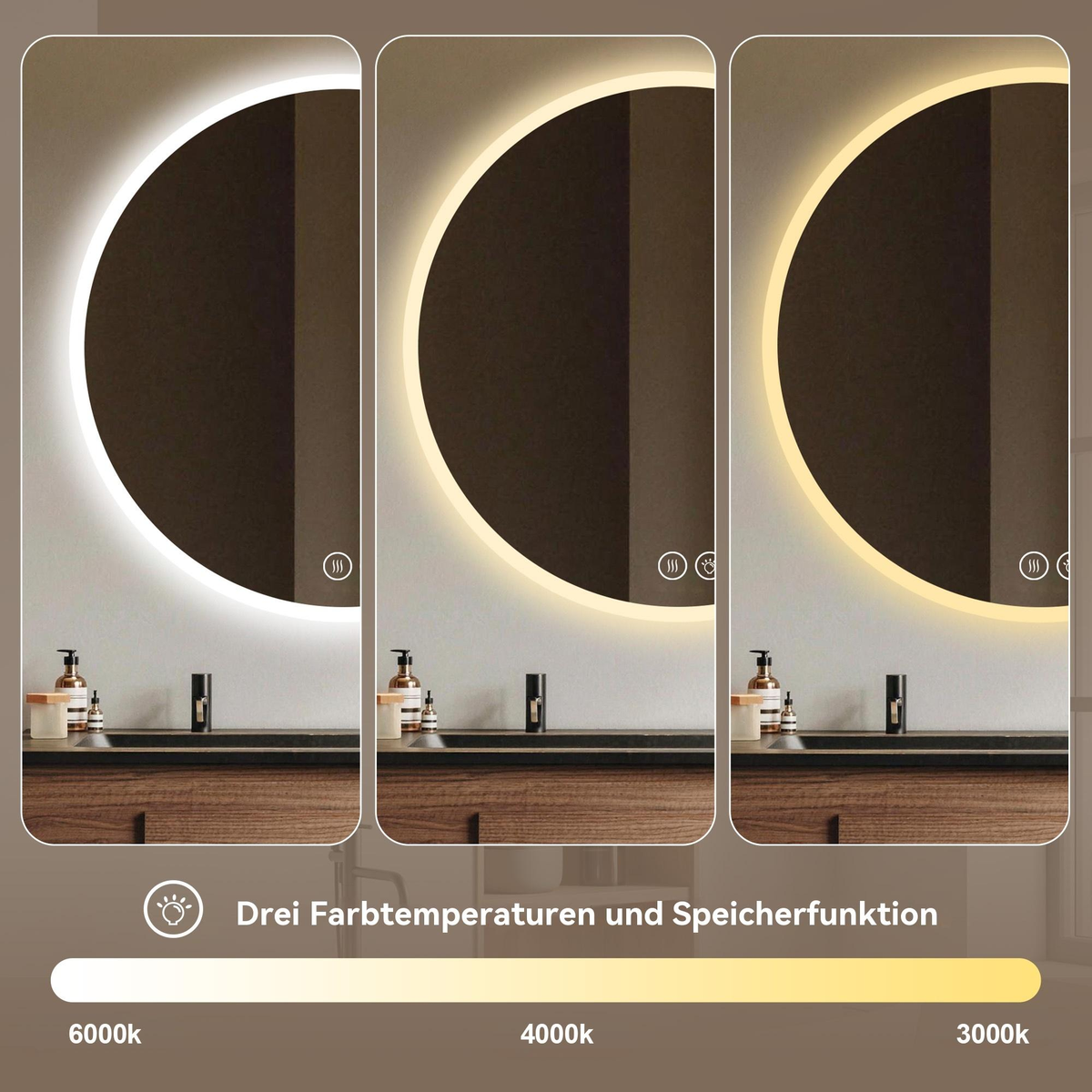 70cm LED Round Bathroom Mirror, Anti-Fog & Dimmable Light