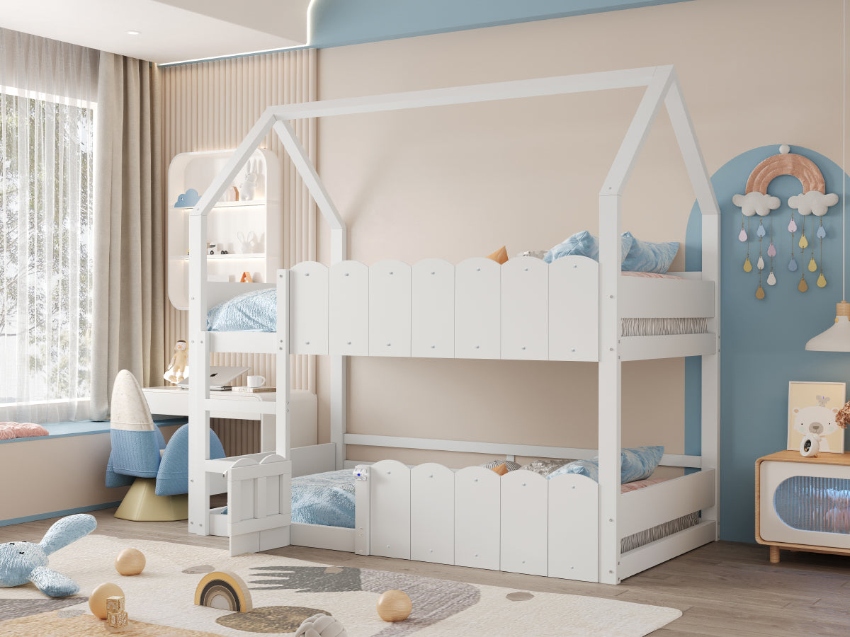 Children's Bunk Bed 90x200cm House Design with Safety Rails - White
