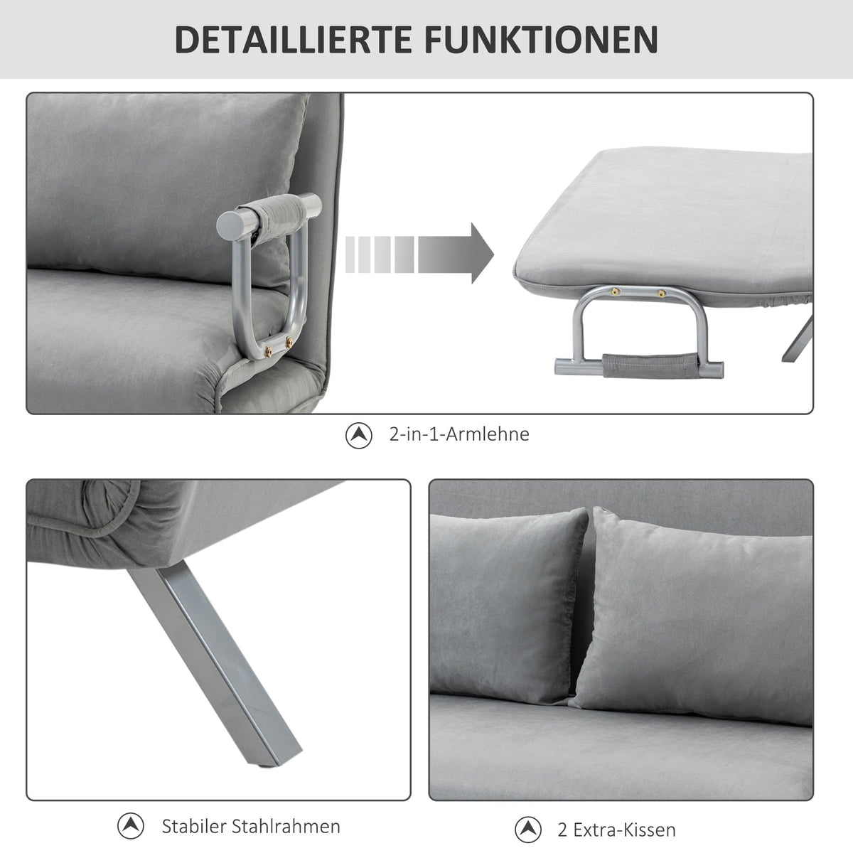 Sleeper Sofa Two-Seater Adjustable Bed Function Cushions, Light Grey