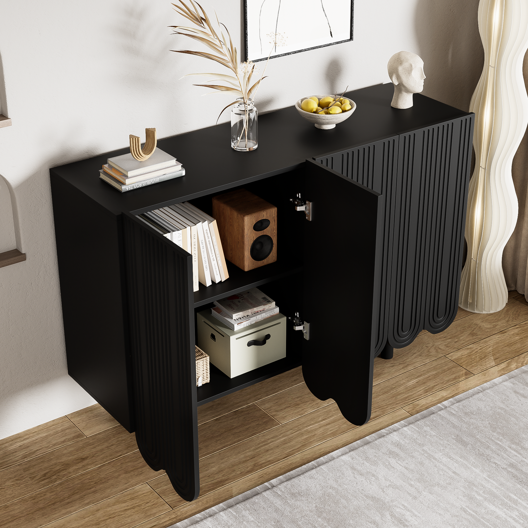 Sideboard with Teardrop-Shaped Molded Doors and Buffer Hinges