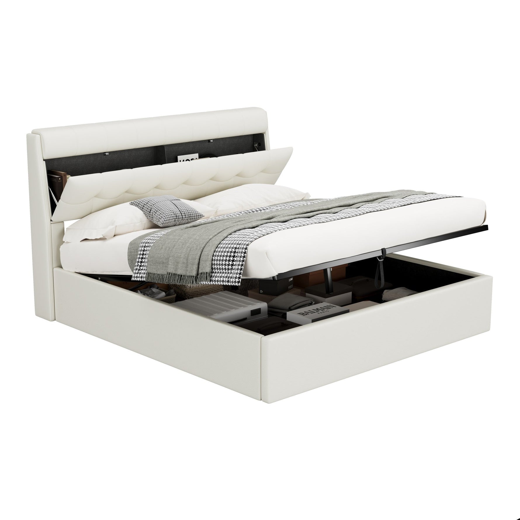 Upholstered Bed 160x200cm Hydraulic & Concealed Headboard Storage PU - White