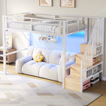 Loft Bed 90x200cm with LED & Storage Staircase - White Iron Frame
