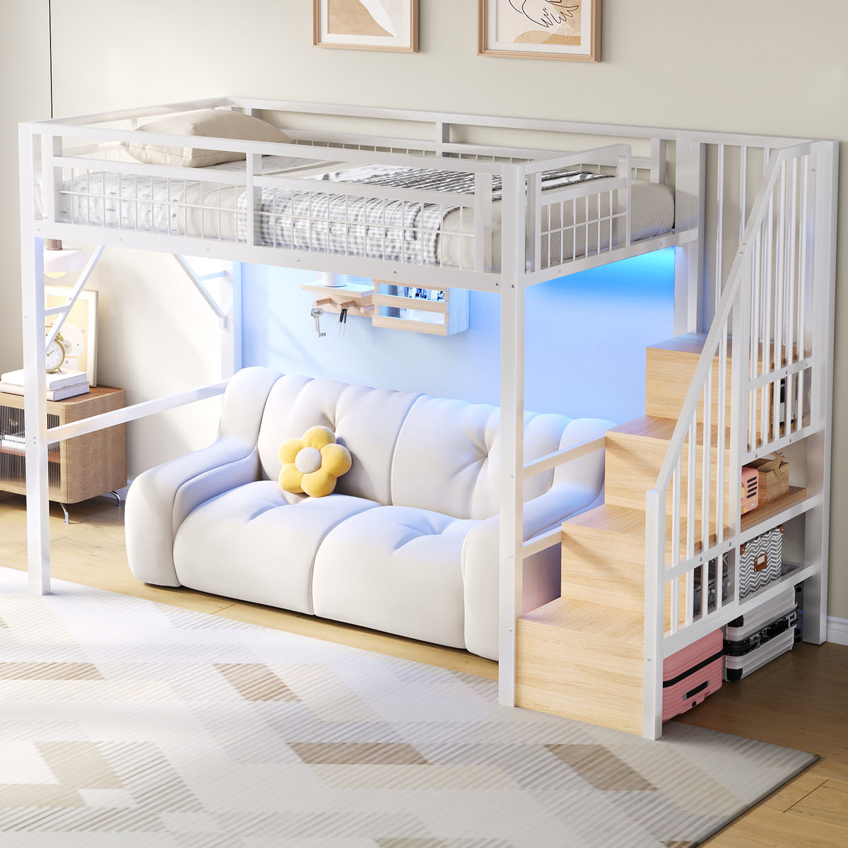 Loft Bed 90x200cm with LED & Storage Staircase - White Iron Frame