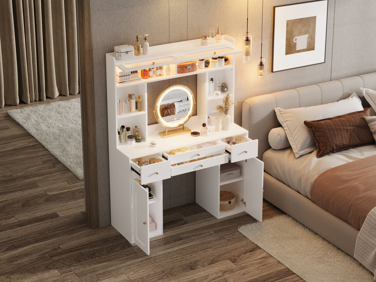 LED Dressing Table with Mirror & Storage Drawers, White
