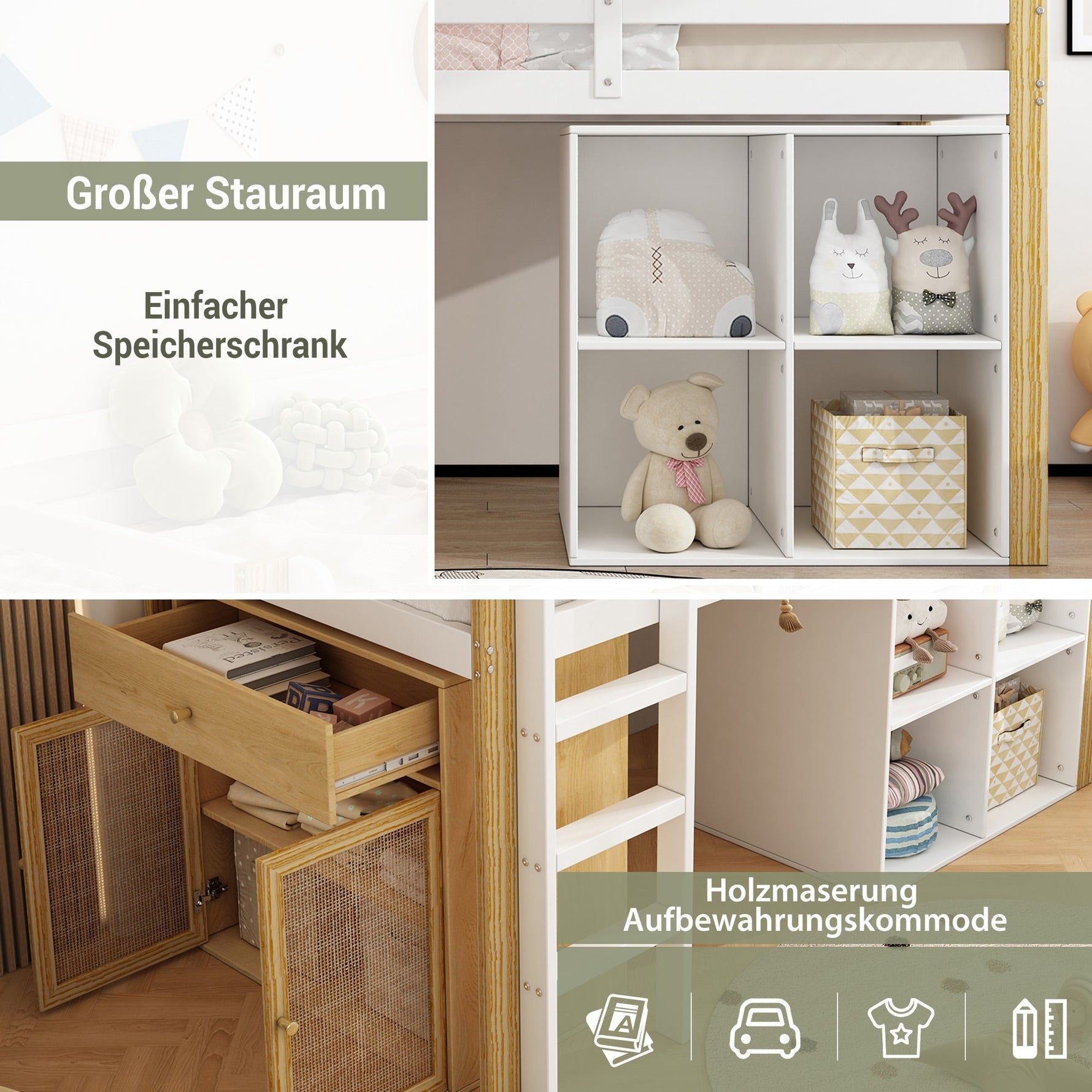 Children's Loft Bed with 2 Storage Cabinets and Ladder, Natural and White