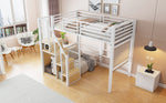 Loft Bed with Safety Ladder and Storage Area, 90x200cm, White Iron Frame