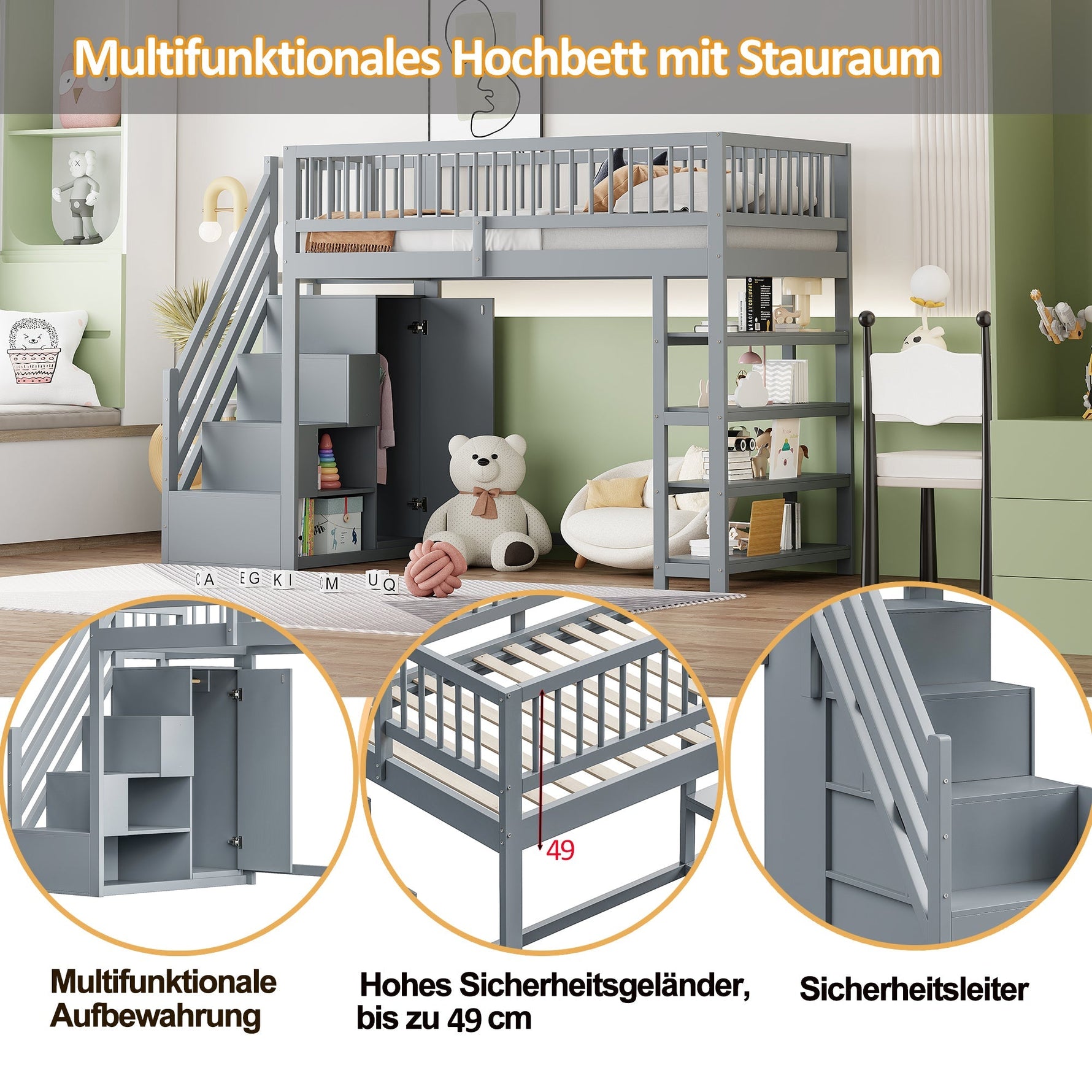 Loft Bed with Wardrobe, Shelves, Storage, Ladder, 90 x 200, Solid Wood, Grey